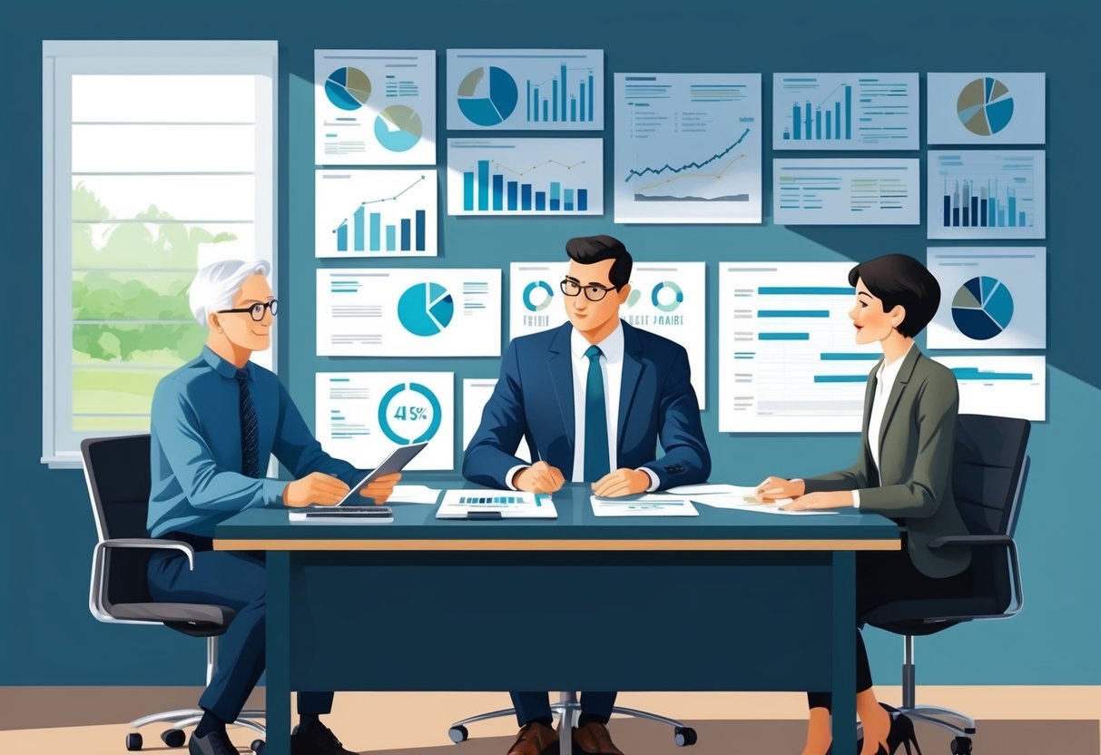 A financial advisor sitting at a desk, surrounded by charts and graphs, discussing retirement planning with a client