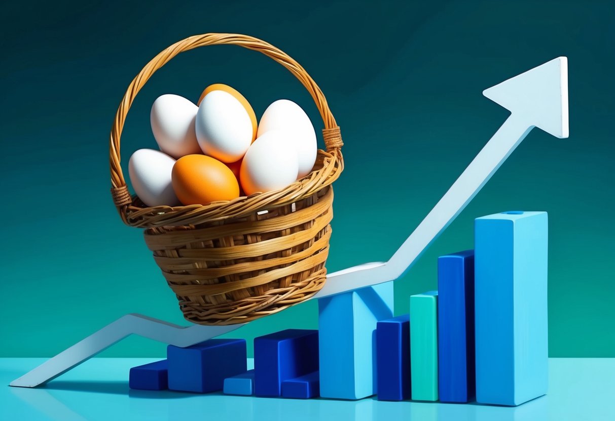 A basket filled with eggs precariously balanced on top of a teetering stock market graph