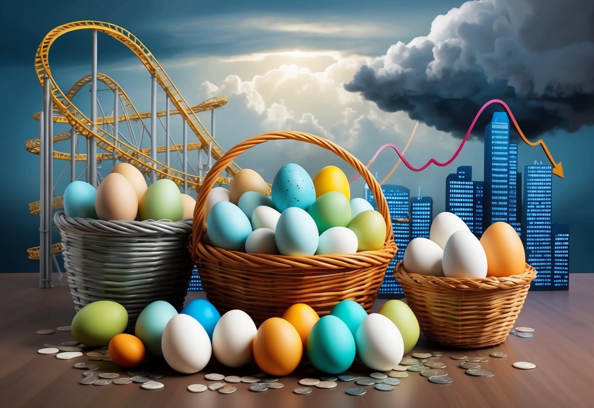 A diverse array of eggs in different types of baskets, including a stock market basket, surrounded by symbols of market risk such as a roller coaster and storm clouds