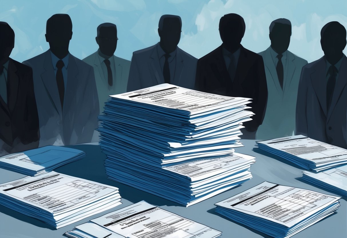 A stack of traditional retirement account statements surrounded by shadowy figures representing hidden tax implications