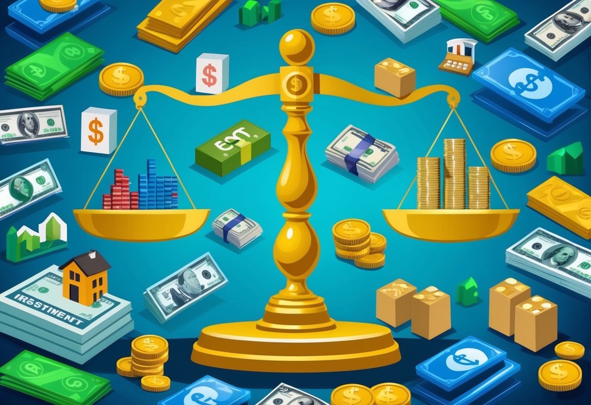 A diverse array of investment assets, including stocks, bonds, real estate, and commodities, spread out across a balancing scale