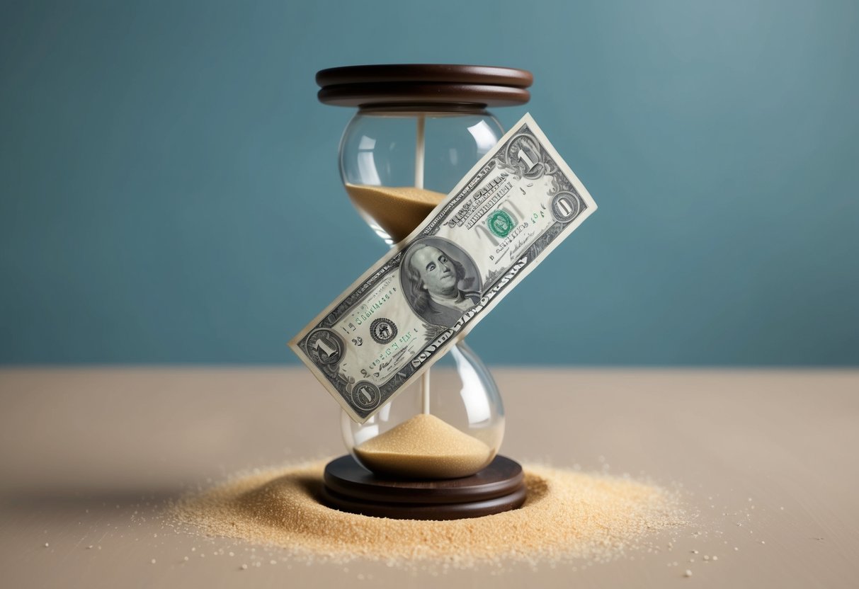 A wilted dollar bill sinking into an hourglass as the sand pours through, symbolizing the draining effect of underestimating longevity on savings