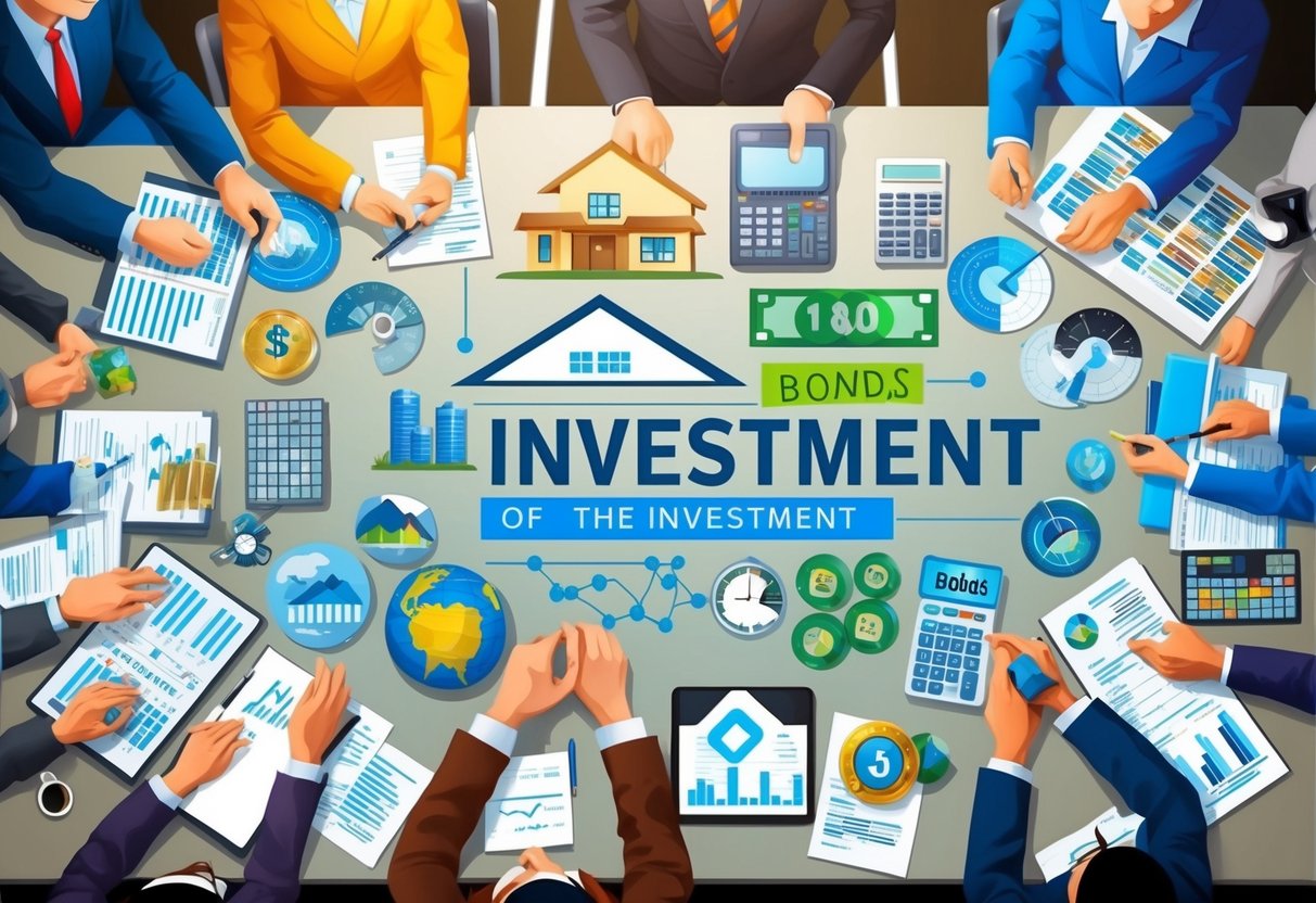 A diverse array of investment options including real estate, bonds, and commodities spread out on a table