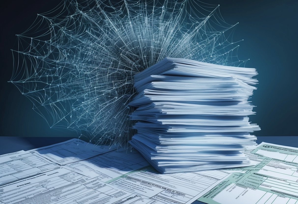 A stack of traditional retirement account statements being overshadowed by a looming, intricate web of tax forms and regulations