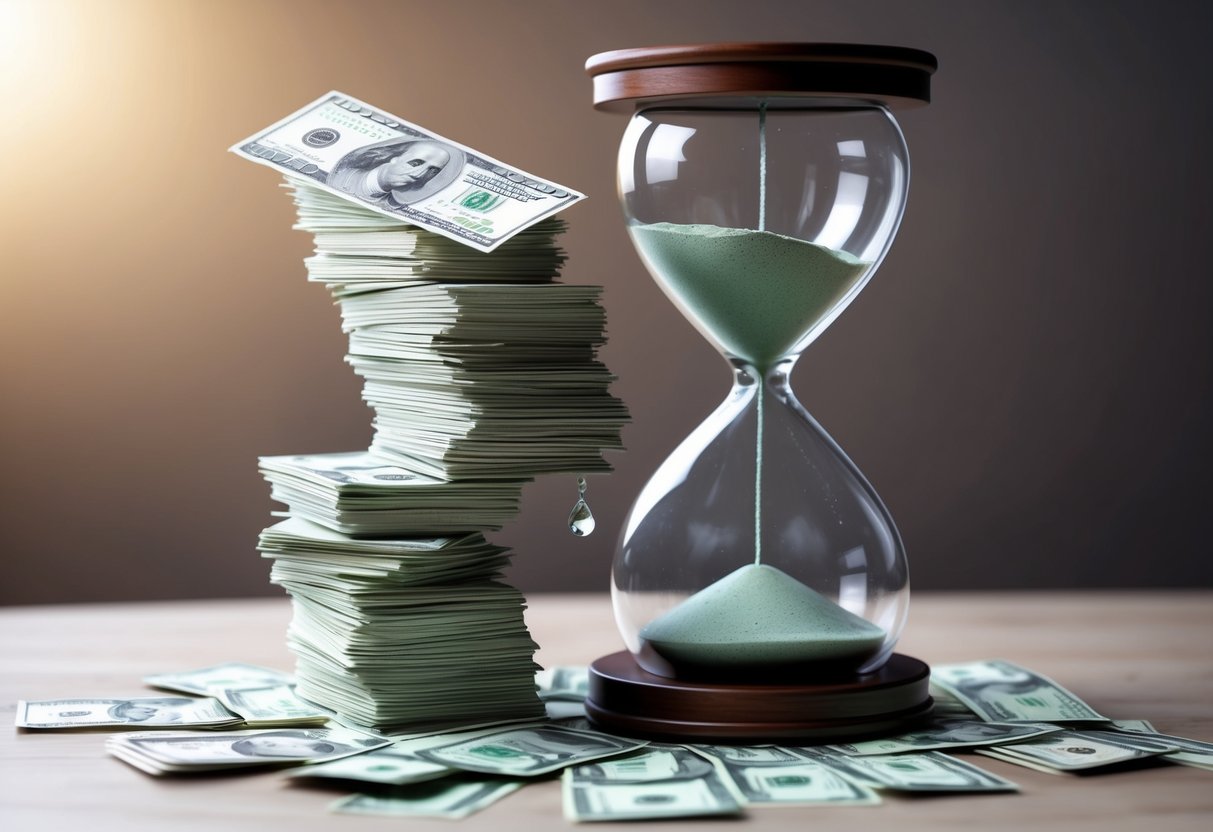 A stack of money being slowly drained by a leaking hourglass