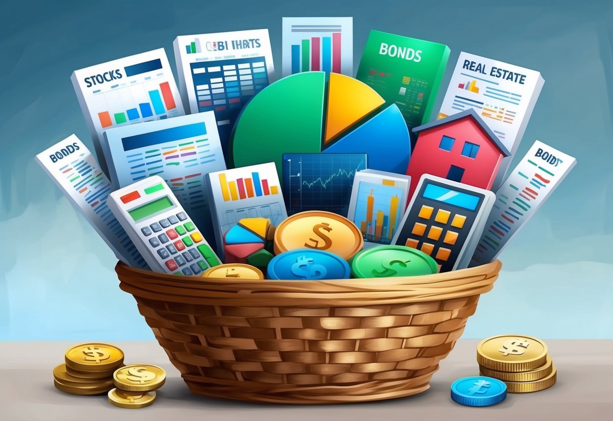 A diverse selection of investment options, including stocks, bonds, real estate, and commodities, displayed in a basket. The stock market is depicted as one of many choices