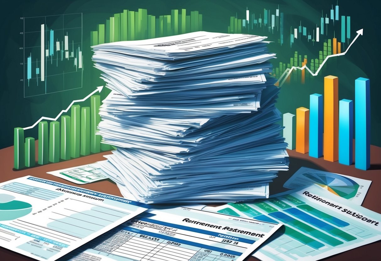 A stack of traditional retirement account statements surrounded by growing investment charts and graphs