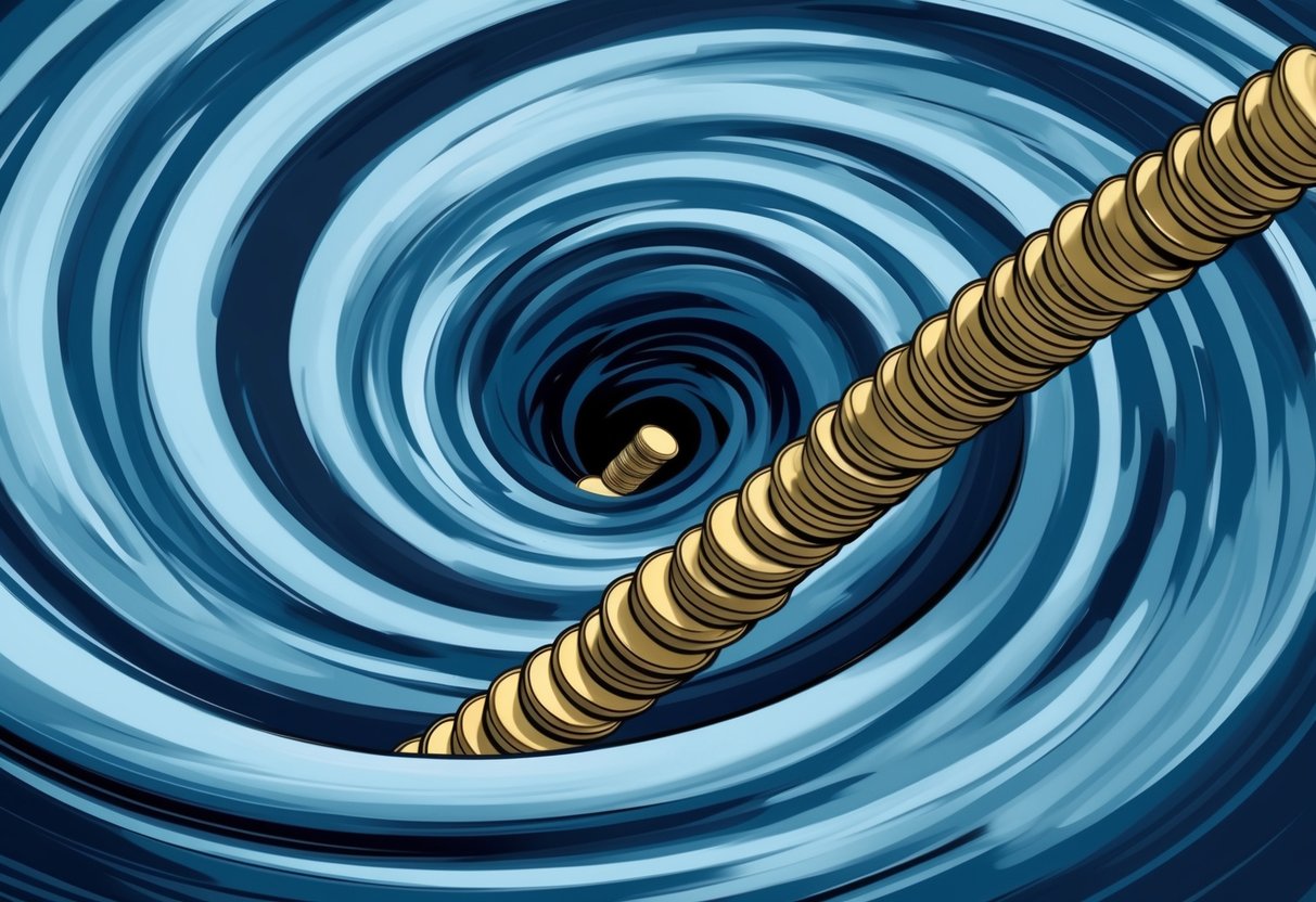 A stack of coins slowly being pulled into a swirling vortex, representing the draining effect of underestimating longevity on savings