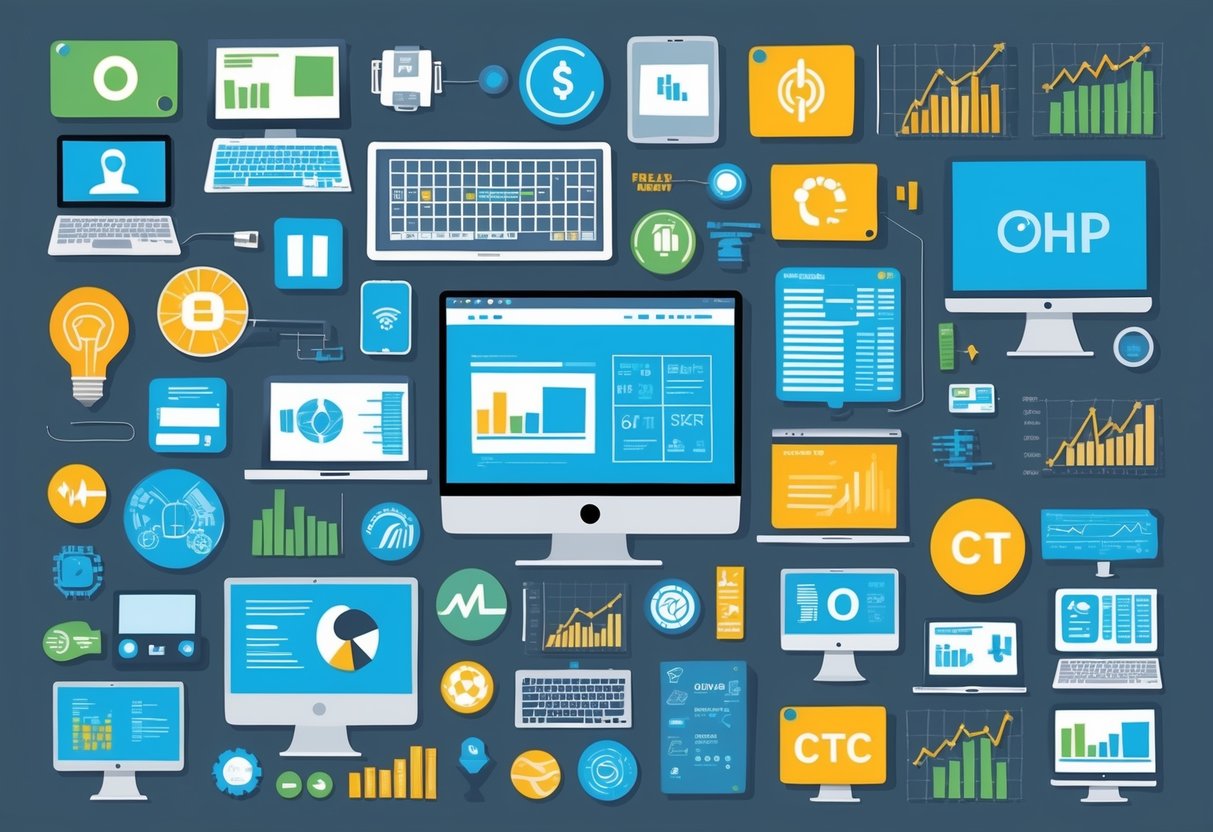 A diverse array of technology-related objects and symbols, such as computer screens, circuit boards, and stock market graphs, arranged in a portfolio-like setting