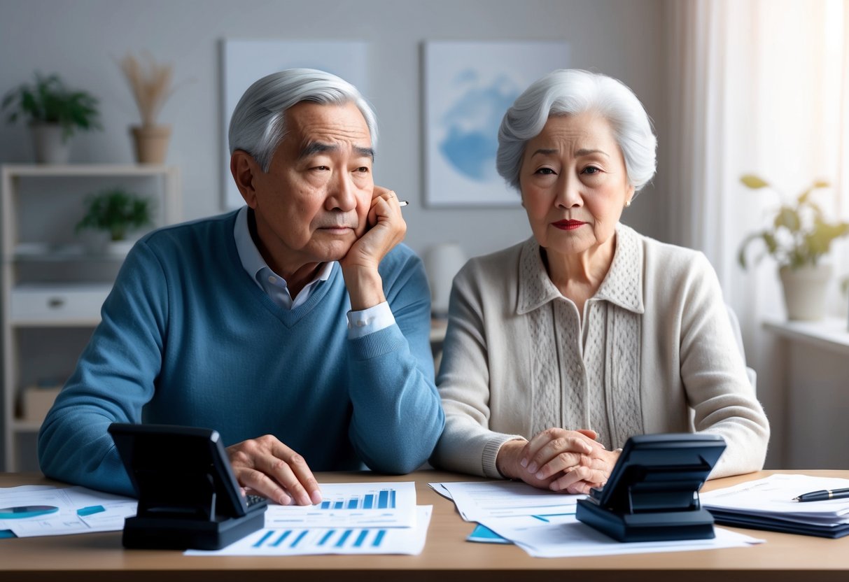 A serene elderly couple sitting at a table, surrounded by financial documents and calculators. The husband looks concerned while the wife looks contemplative