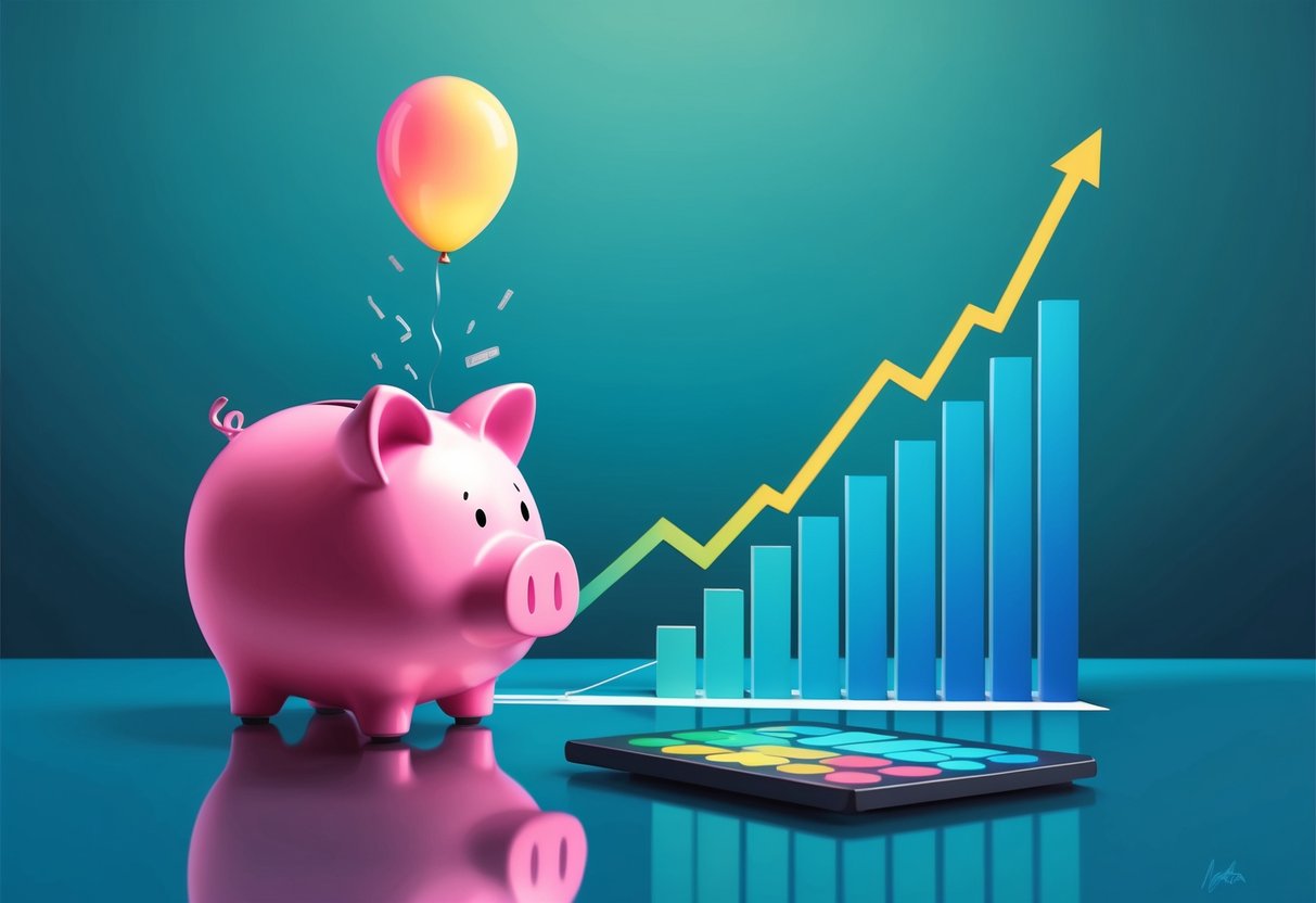 A piggy bank being squeezed by a rising balloon, while a graph shows a downward trend