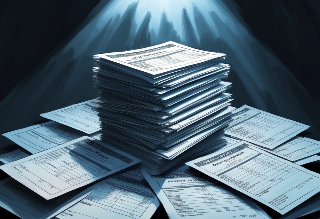 A stack of traditional retirement account statements surrounded by looming shadows
