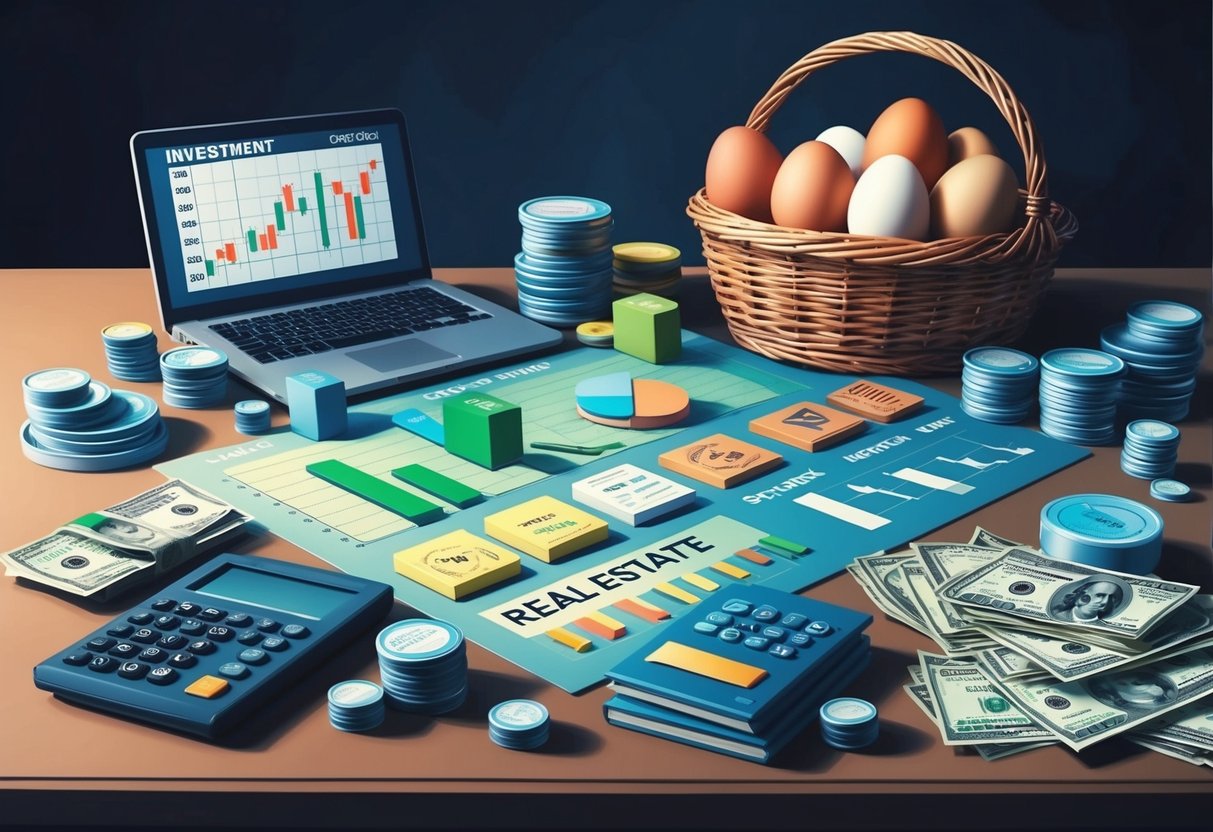 A diverse array of investment options, including stocks, bonds, and real estate, spread out on a table. A basket filled with eggs sits next to a stock market graph