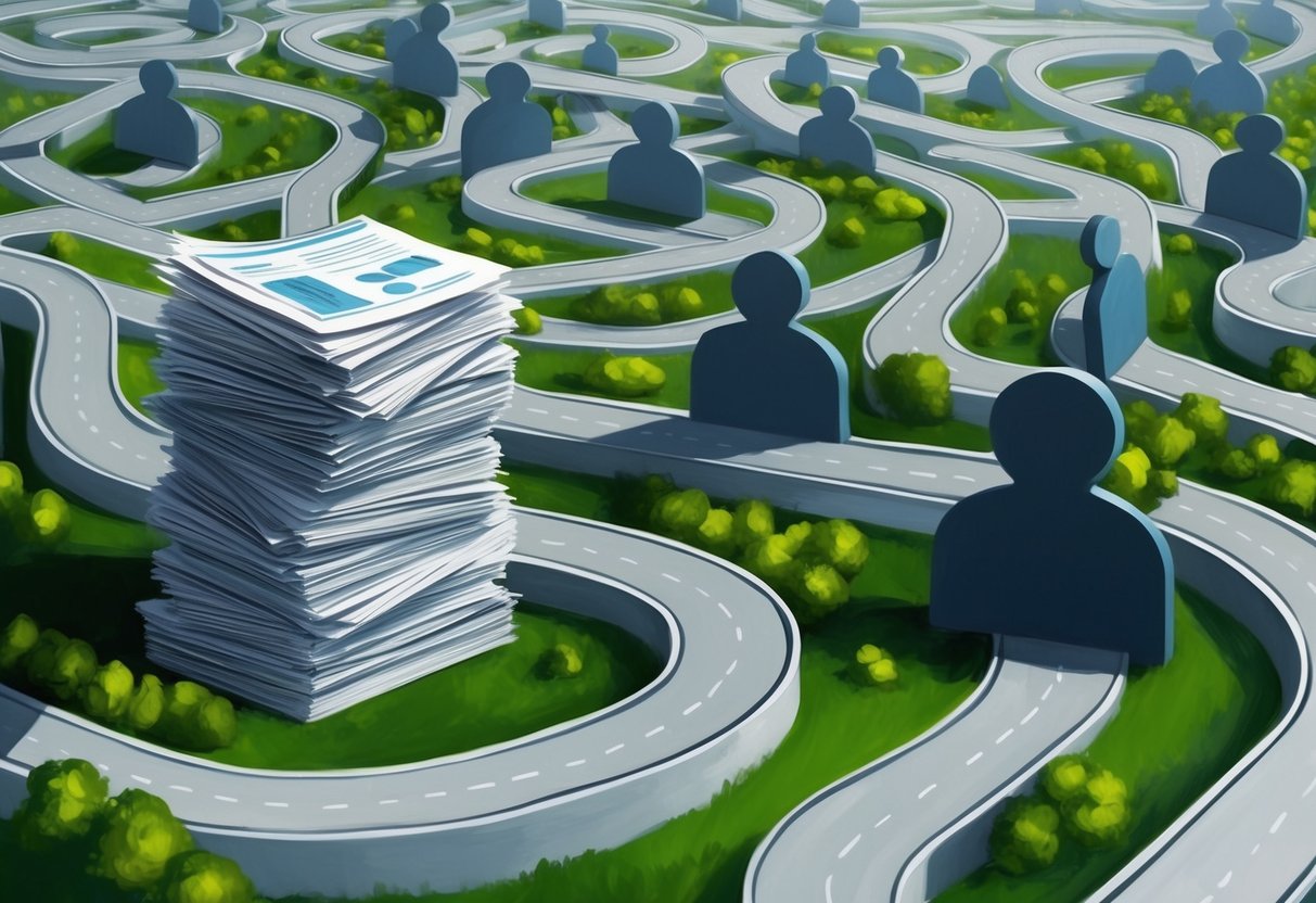A stack of financial documents surrounded by a maze of winding roads, with traditional retirement accounts depicted as looming, shadowy figures