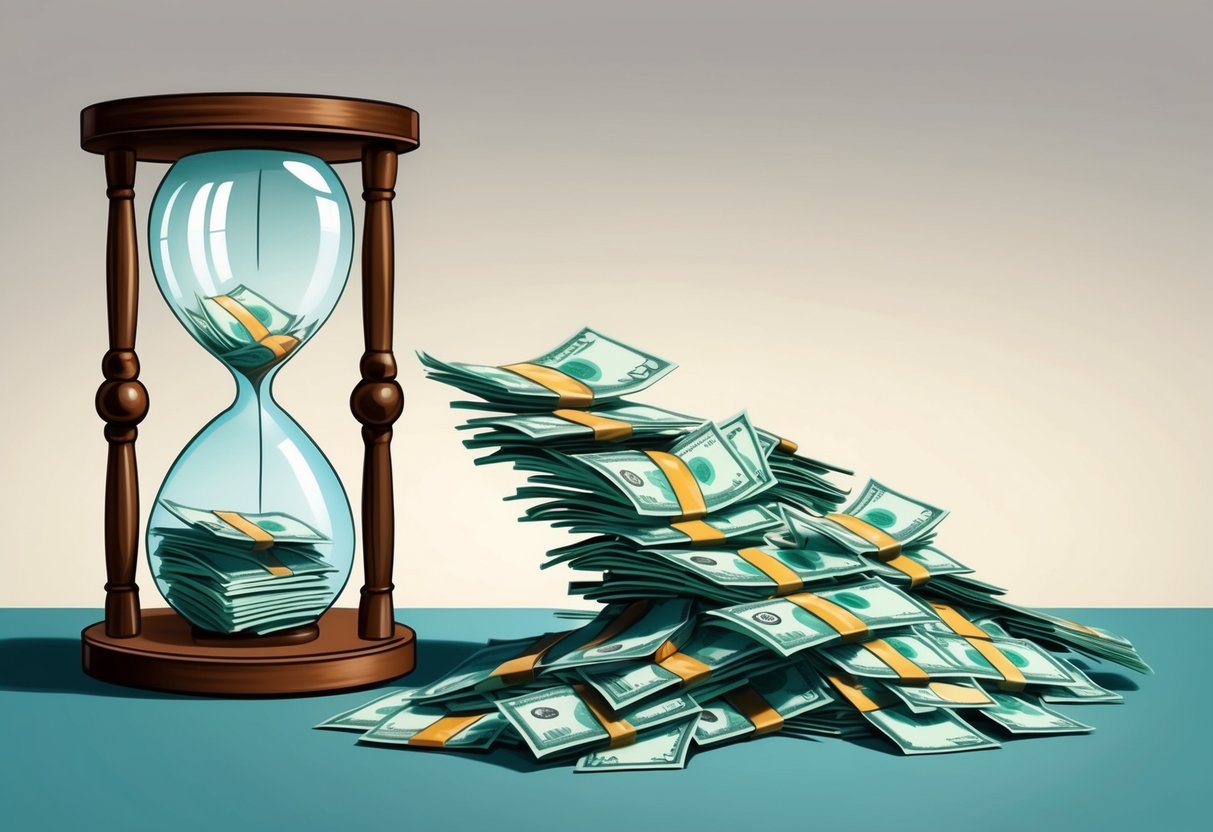 A pile of money slowly draining into an hourglass, symbolizing the draining effect of underestimating longevity on retirement savings