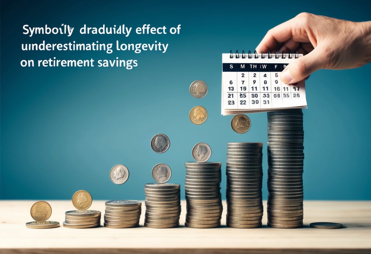 A stack of coins gradually depleting as a calendar flips through the years, symbolizing the draining effect of underestimating longevity on retirement savings
