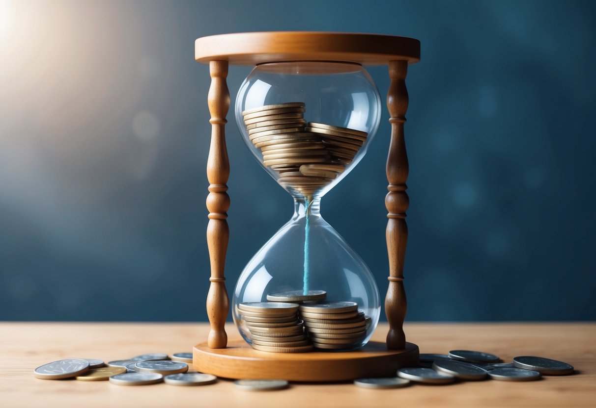 A stack of coins slowly trickling away through an hourglass, representing the draining effect of underestimating longevity on savings