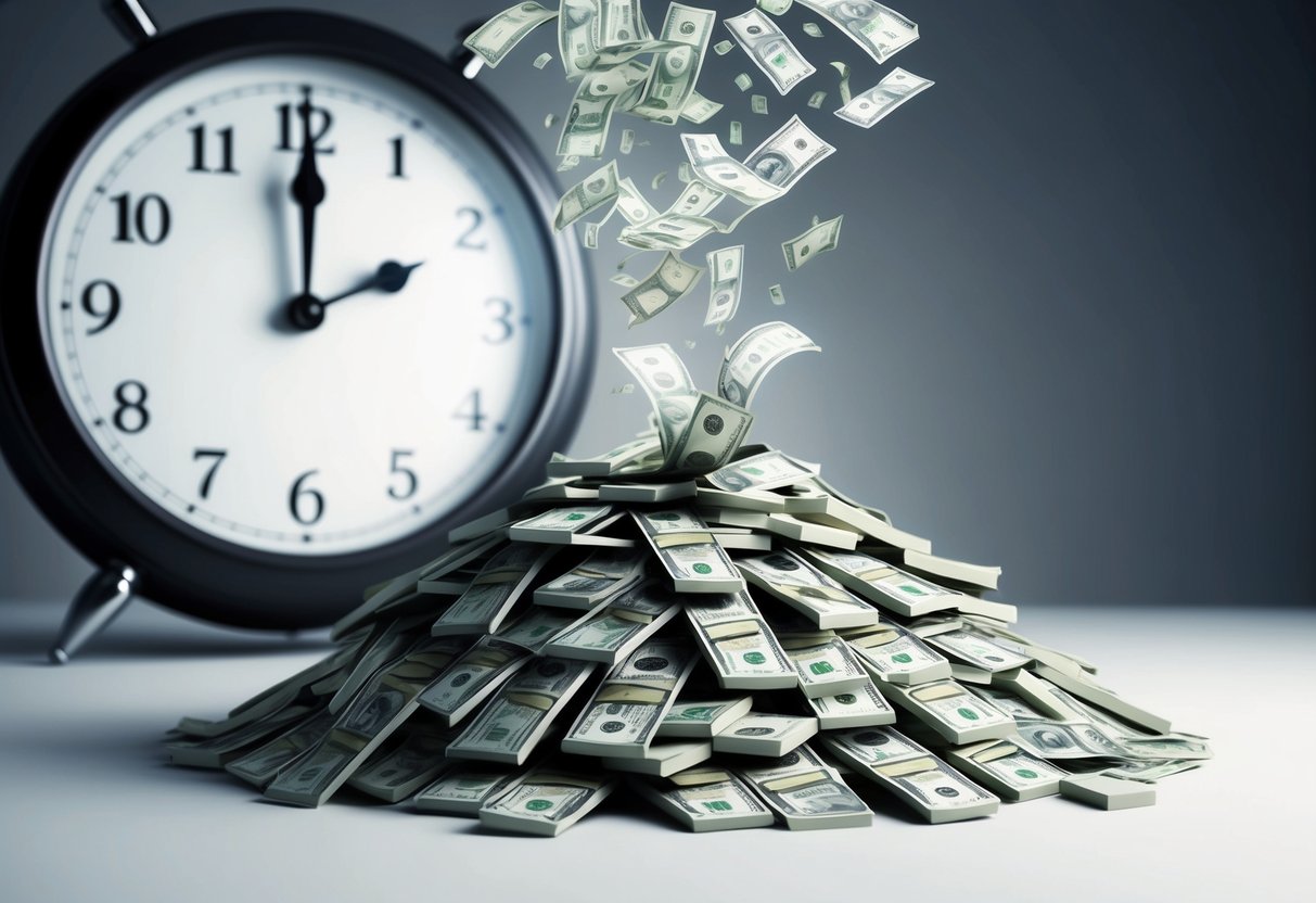 A clock ticking away in the background as a pile of money slowly dwindles down to nothing, emphasizing the impact of underestimating longevity on retirement savings