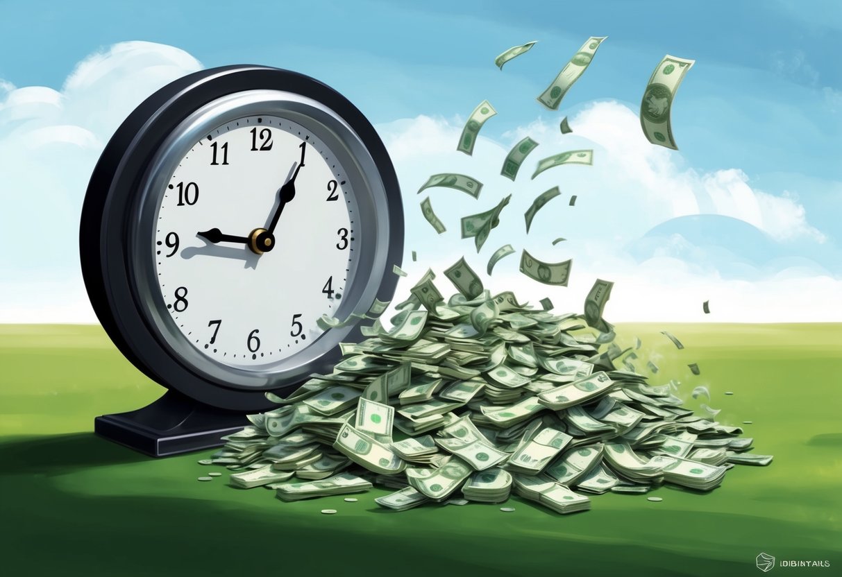 A clock winding down with a pile of money slowly disappearing into the distance
