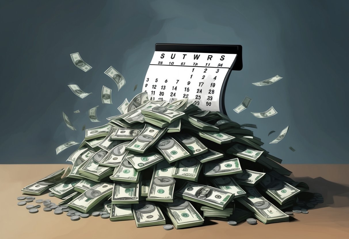 A pile of money slowly diminishing as a calendar flips through the years