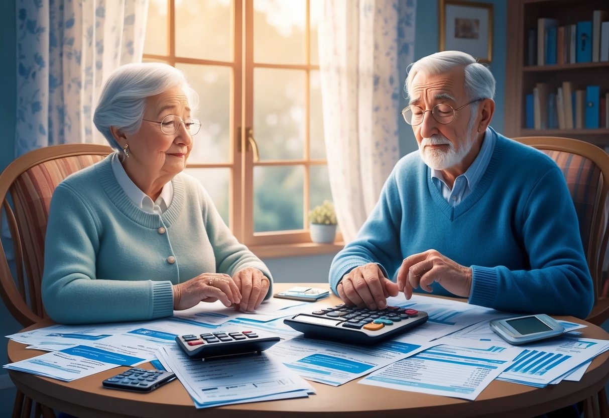 A serene elderly couple sitting at a cozy table, surrounded by bills, financial statements, and a calculator, with worried expressions on their faces