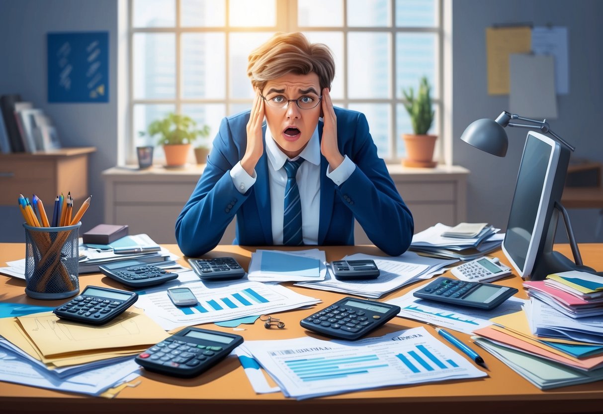 A late-starter sits at a cluttered desk, surrounded by financial documents and calculators. They look frustrated as they try to make sense of their retirement planning