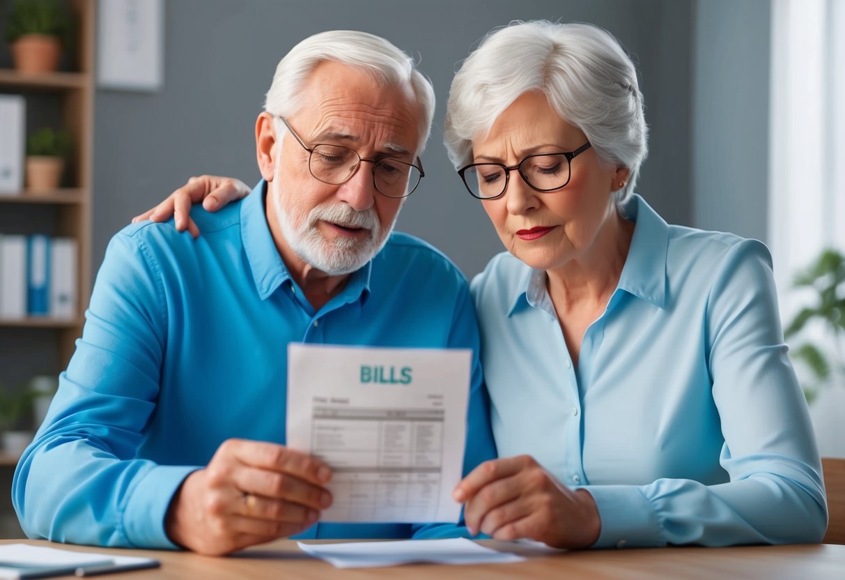 A senior couple reviewing medical bills with concerned expressions