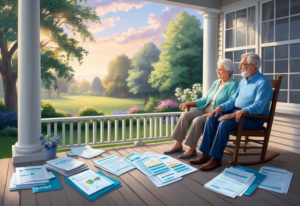 A serene, elderly couple sits on a porch overlooking a peaceful garden, surrounded by financial documents and retirement planning materials