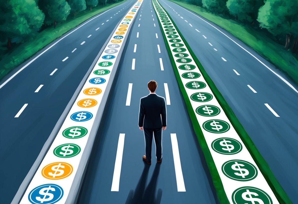 A person standing at a fork in the road, one path lined with traditional financial symbols, the other path leading towards a modern, innovative approach