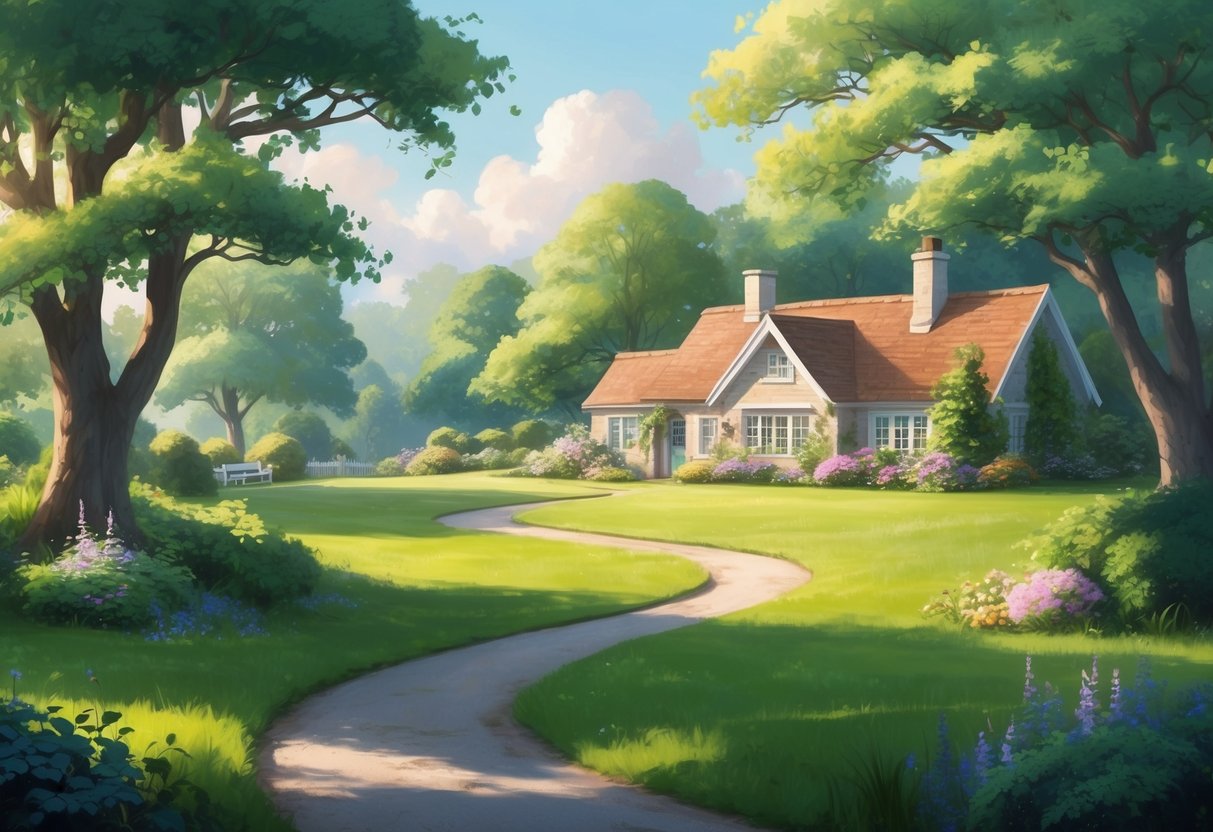 A serene, green landscape with a winding path leading to a cozy retirement cottage nestled among lush trees and gardens