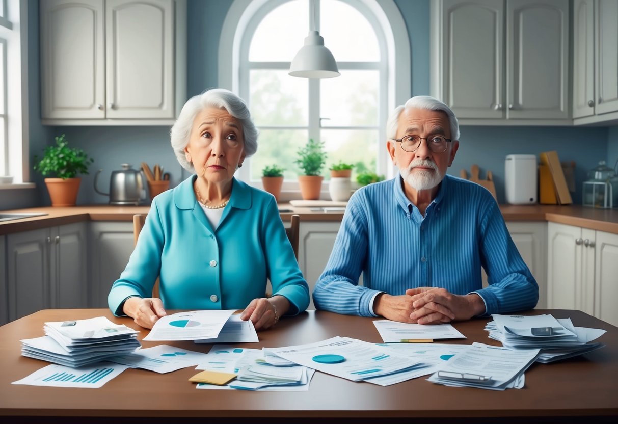 A serene elderly couple sits at a kitchen table, surrounded by bills and financial documents. Their worried expressions convey the flawed assumption of low expenses in retirement