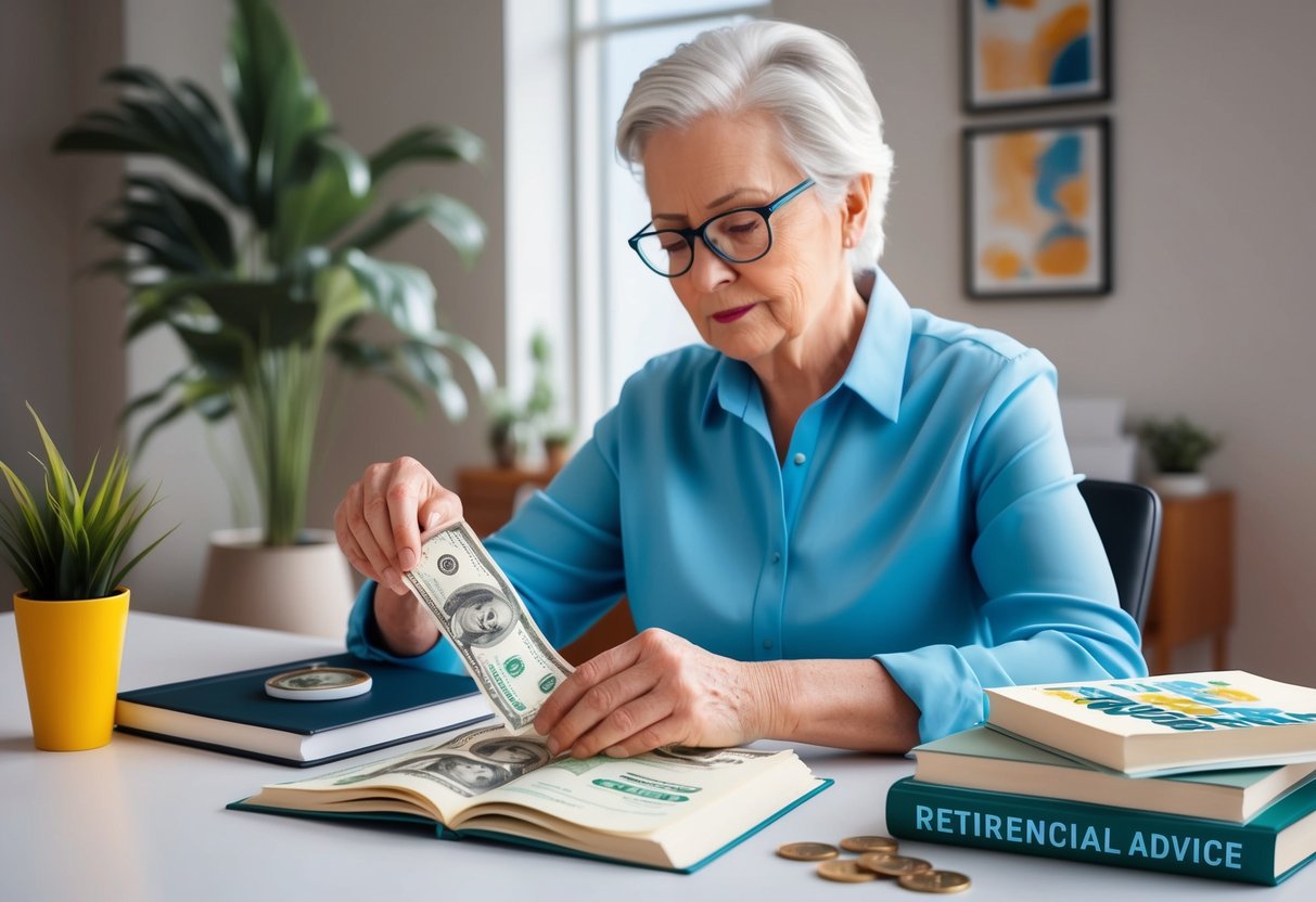 An older person diligently depositing money into a retirement savings account while reading financial advice books
