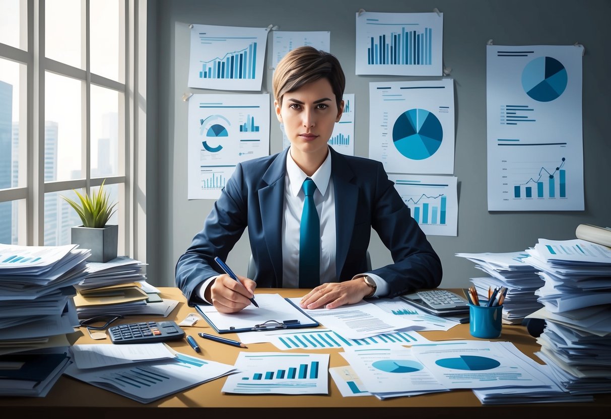 A late-starter sits at a cluttered desk, surrounded by financial documents and charts. They look determined, with a pen in hand, ready to tackle their investment strategy