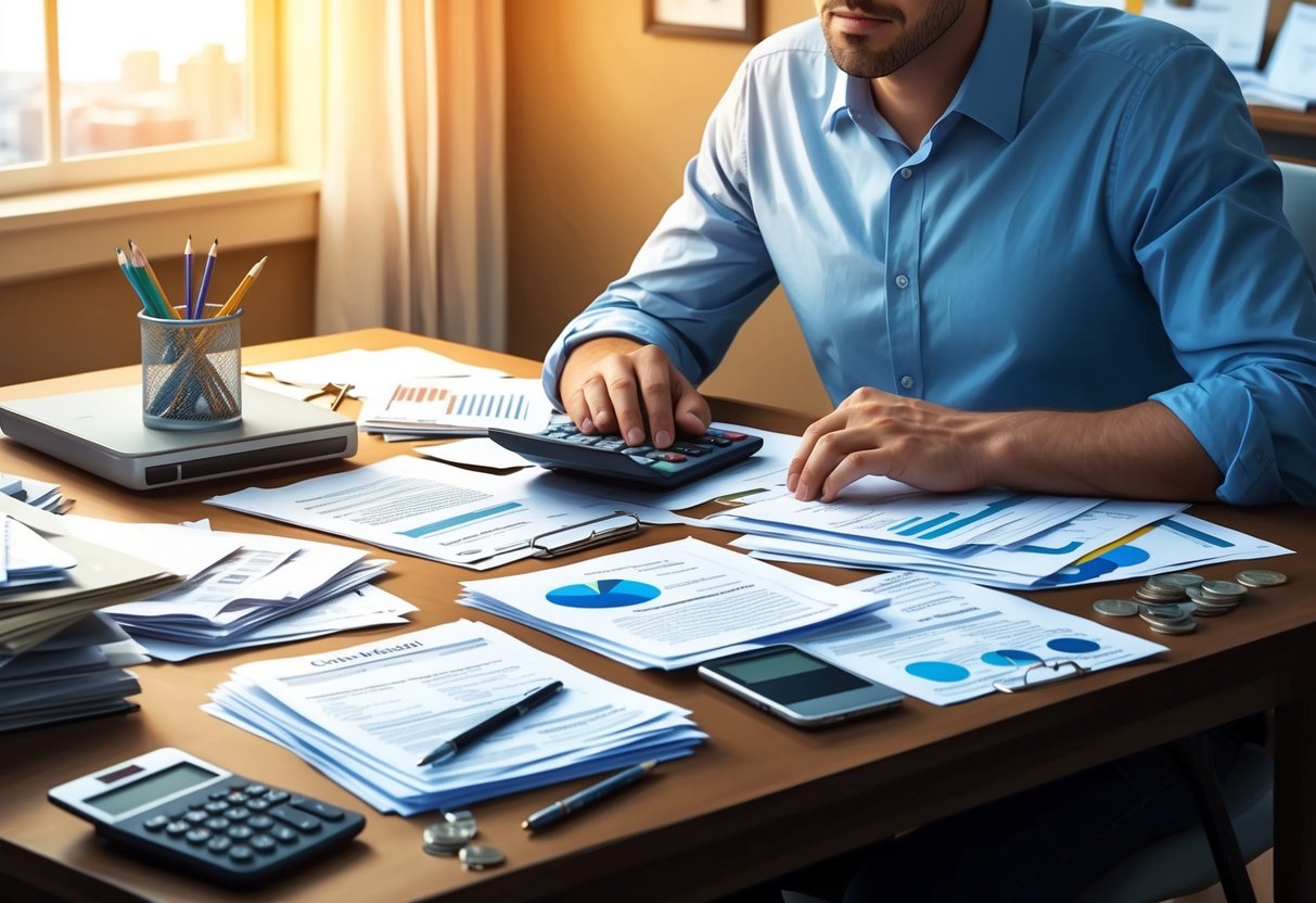 A table cluttered with bills and financial documents, a calculator, and a worried expression