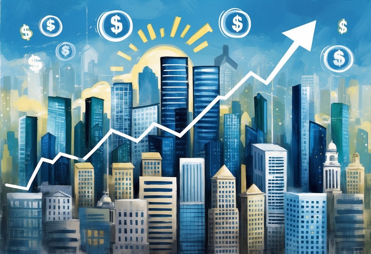 A bustling city skyline with a graph showing an upward trend, surrounded by traditional financial symbols like dollar signs and bank buildings