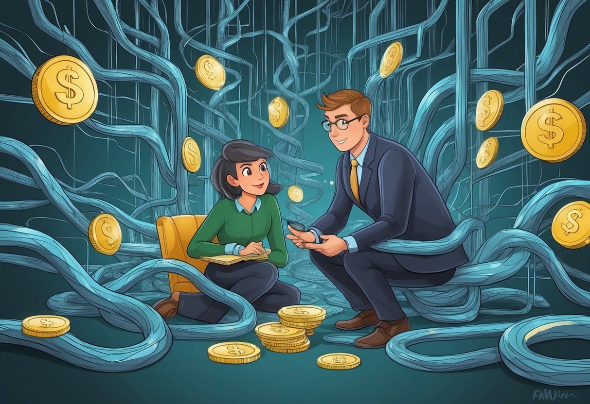 A late-starter surrounded by tangled financial pathways, seeking guidance from a professional advisor while leveraging resources for a fresh start