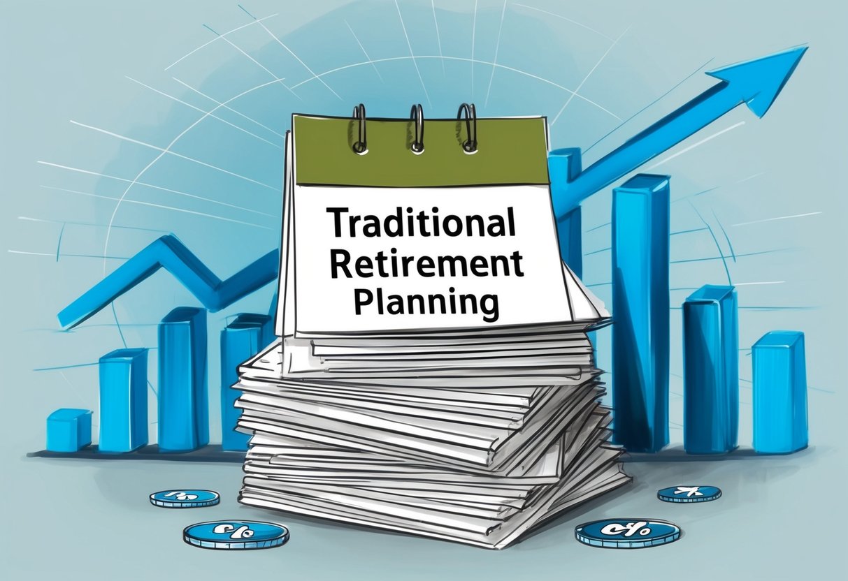 A stack of traditional retirement planning documents surrounded by upward trending interest rate graphs