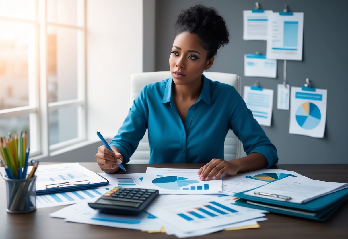 A person sitting at a desk surrounded by financial documents, with a calculator and pen in hand, looking concerned as they review their borrowing and debt management plans in light of rising interest rates