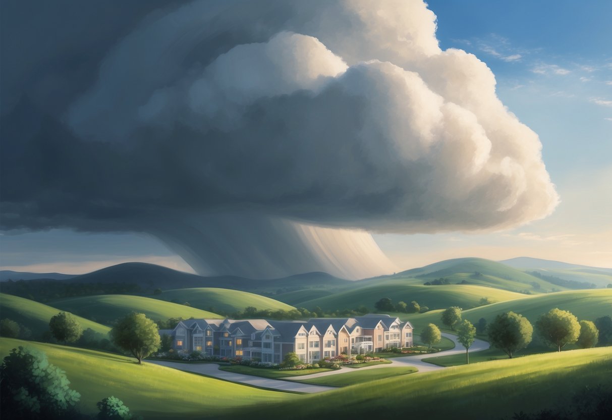 A serene landscape with a peaceful retirement community nestled among rolling hills, overshadowed by a looming, ominous cloud representing rising healthcare costs