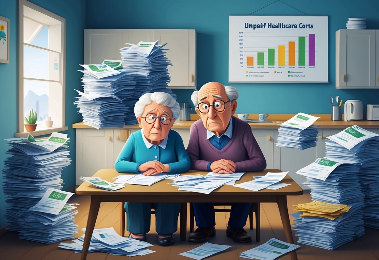 A worried elderly couple sits at a kitchen table, surrounded by bills and medical paperwork. A stack of unpaid invoices looms over them, while a chart showing escalating healthcare costs hangs on the wall