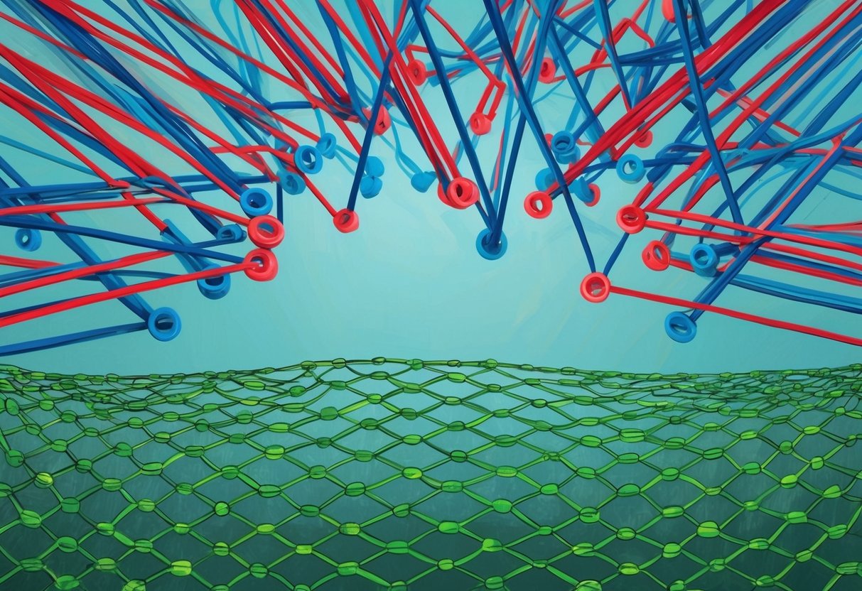 A group of tangled red and blue lines representing rising healthcare costs, looming over a safety net made of interconnected green circles