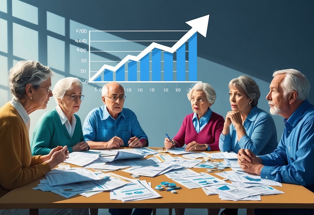 A group of elderly individuals look worried as they gather around a table covered with medical bills and financial documents. The shadow of a looming healthcare cost graph falls across the room