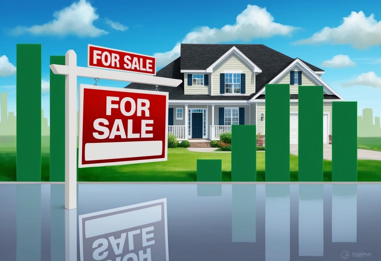 A suburban house with a "For Sale" sign, surrounded by rising bar graphs depicting increasing housing costs