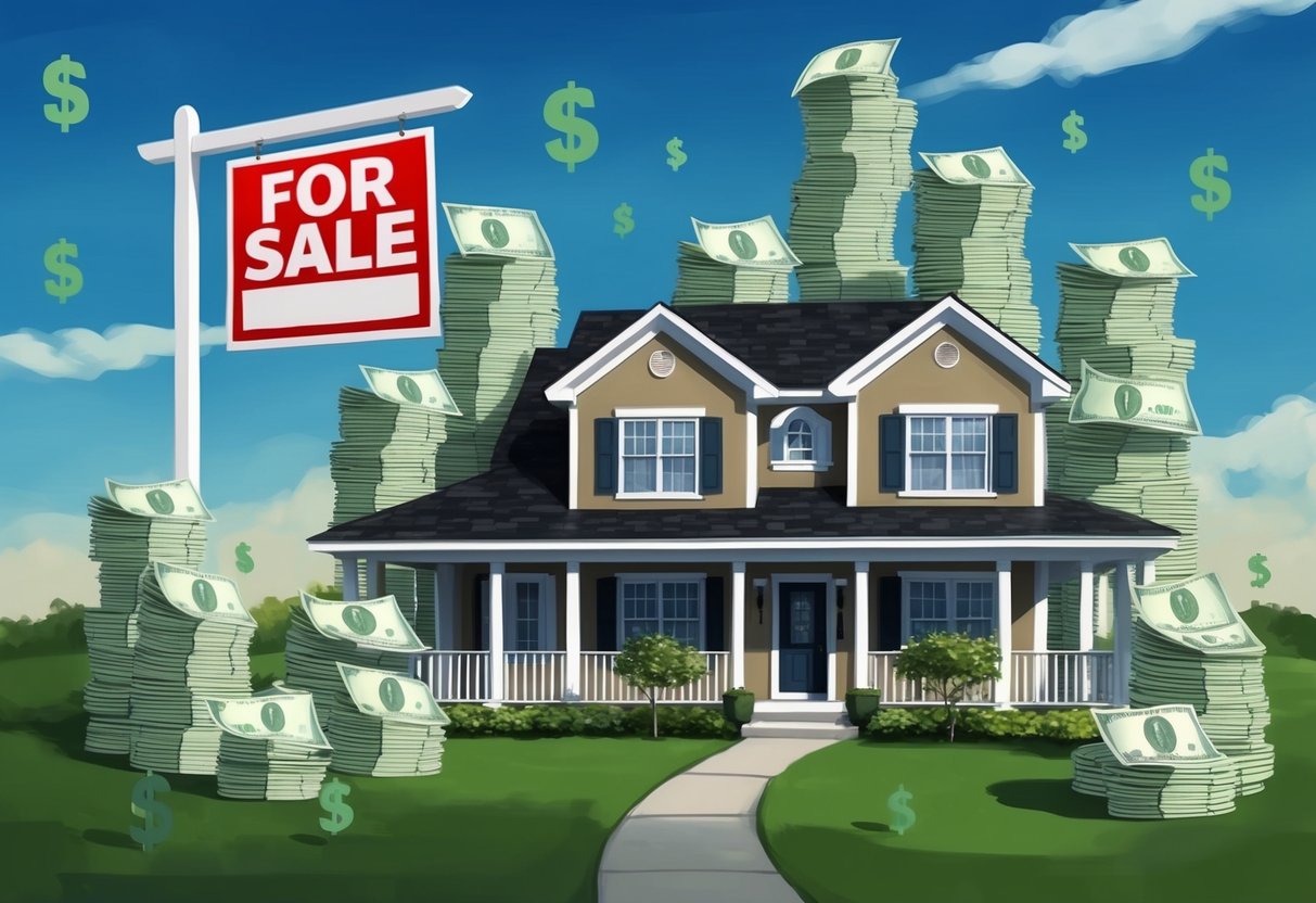 A suburban house with a "For Sale" sign surrounded by towering stacks of bills and dollar signs