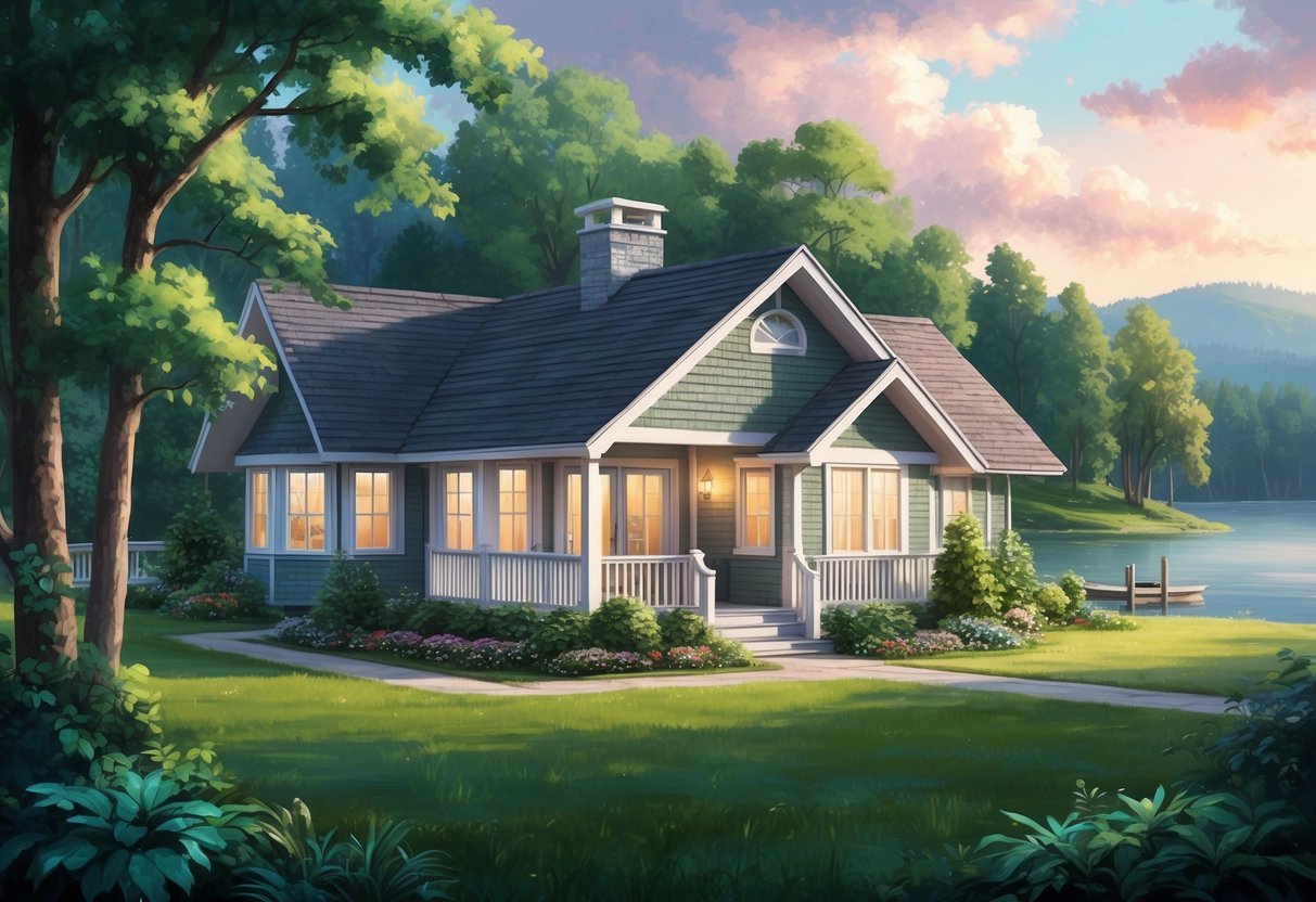 A cozy retirement cottage surrounded by lush greenery, with a serene lake in the background, symbolizing alternative housing options