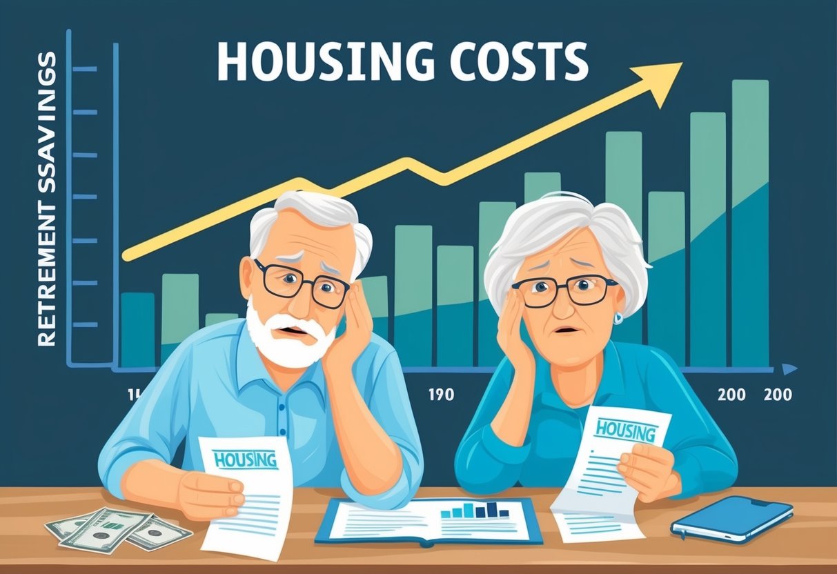 A senior couple looks worried as they review their retirement savings while a graph shows housing costs rising sharply in the background