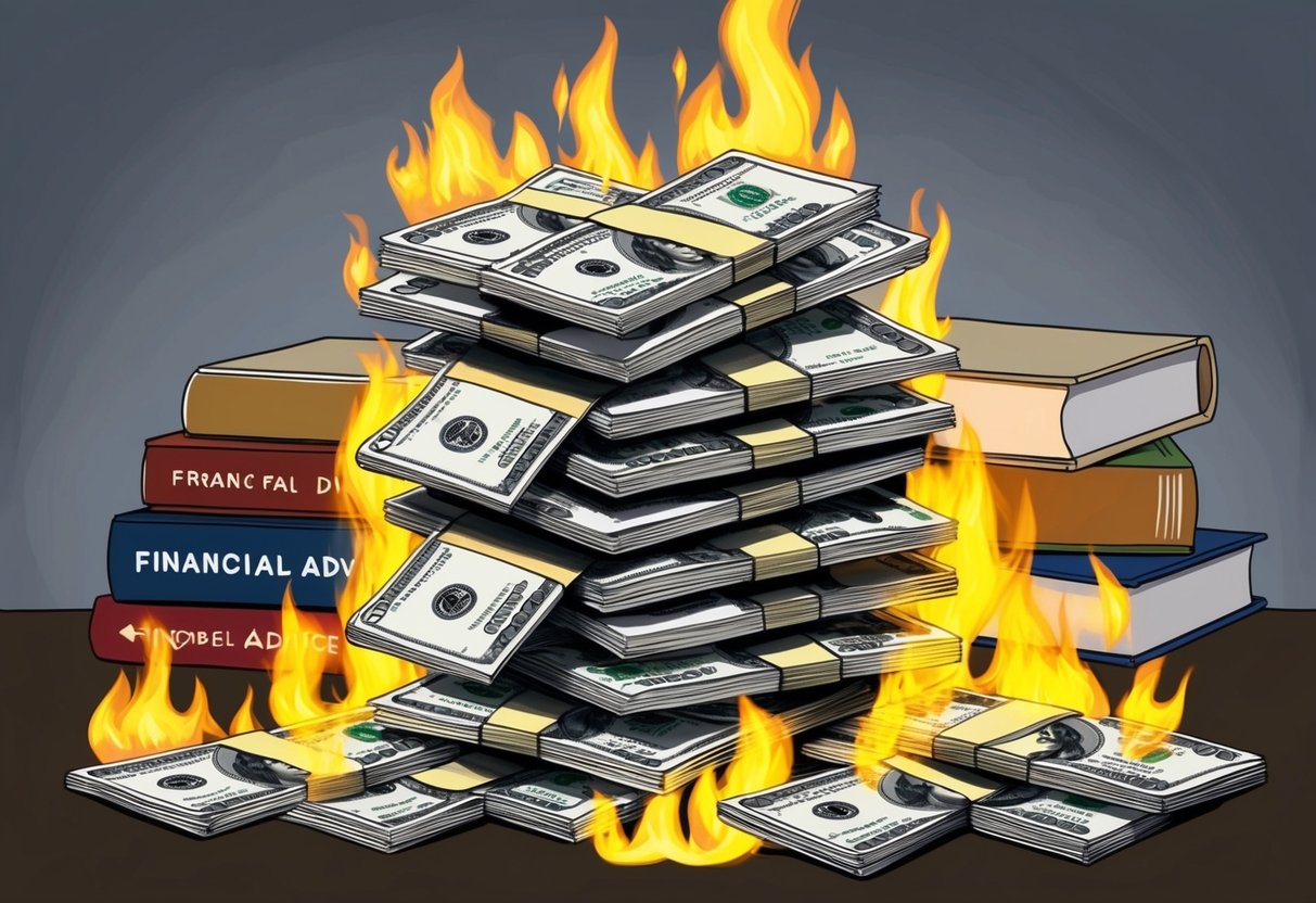 A stack of burning dollar bills, surrounded by traditional financial advice books, with flames licking the edges