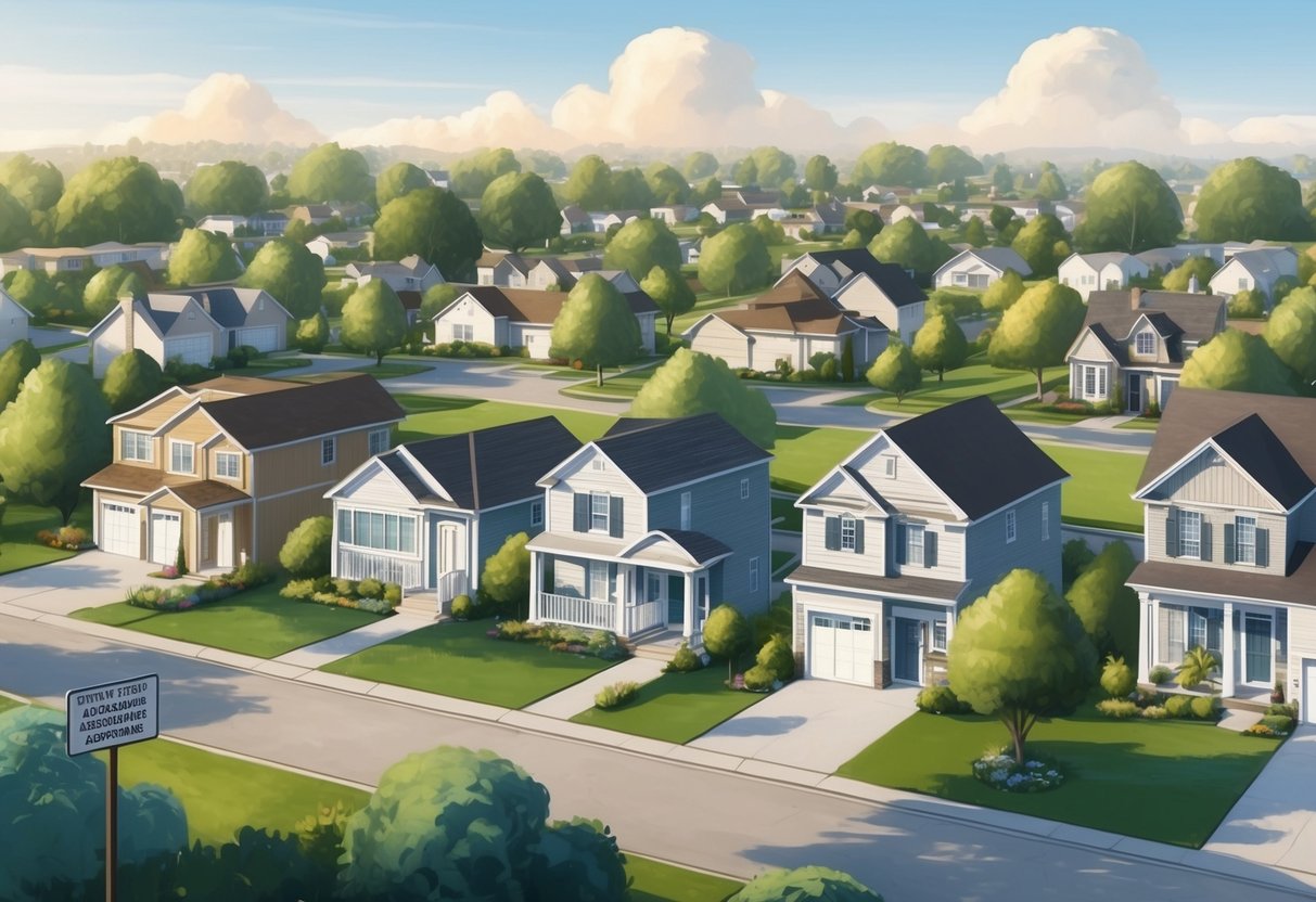A suburban neighborhood with houses of varying sizes and styles, surrounded by a mix of trees and greenery. A signpost in the distance reads "State and Federal Assistance Programs."