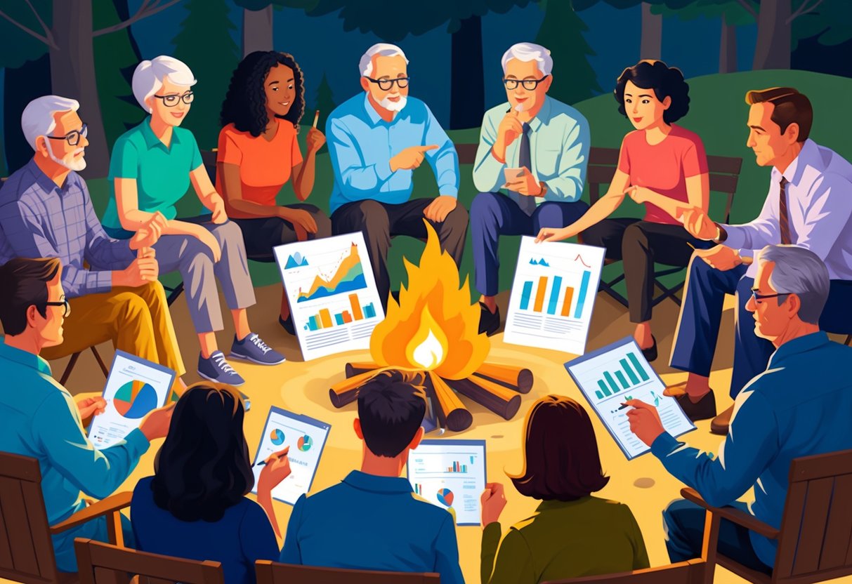 A group of people gathered around a campfire, discussing retirement planning. Some are pointing at charts and graphs, while others are taking notes and nodding in agreement