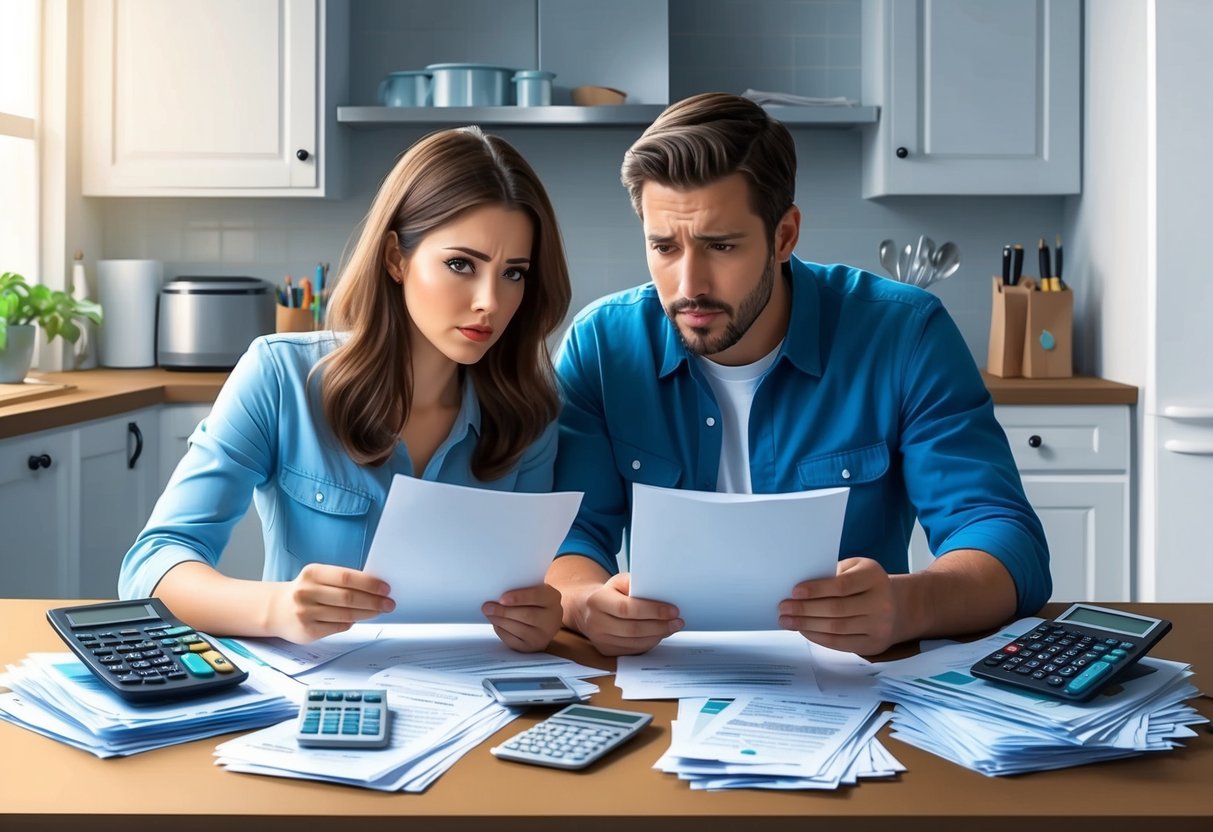 A couple reviewing financial documents at a kitchen table, surrounded by bills and calculators, with concerned expressions on their faces